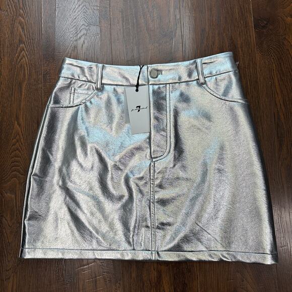 7 For All Mankind Metallic Faux Leather Mini Skirt WMNS M Silver Slim Fit Party - Picture 2 of 7